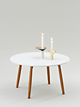 Couchtisch Ø 75 cm, Höhe 42 cm
Tischplatte MDF pulverbeschichtet weiß
Tischbeine Massivholz, Eiche natur