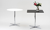 Einsäulentisch 70 x 70 cm, Höhe 72 cm
Tischplatte MDF pulverbeschichtet schwarz
Tischsäule verchromt, Sternfuß Alu poliert
Einsäulentisch Ø 75 cm, Höhe 72 cm
Tischplatte MDF pulverbeschichtet weiß
Tischsäule verchromt, Sternfuß Alu poliert