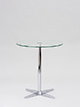 Bistrotisch Ø 65 cm, Höhe 72 cm
Tischplatte Glas transparent
Tischsäule verchromt, Sternfuß Alu poliert