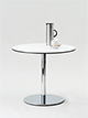 Einsäulentisch Ø 85 cm, Höhe 73 cm
Tischplatte Compact-Schichtstoff weiß, Kern schwarz
Tischsäule/Tellerfuß verchromt